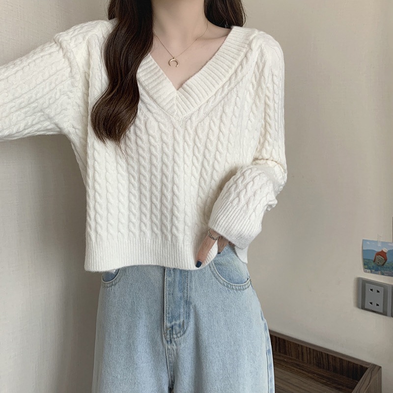 秋冬新款复古毛衣女宽松简约风麻花套头V领长袖小个子打底针织衫|undefined