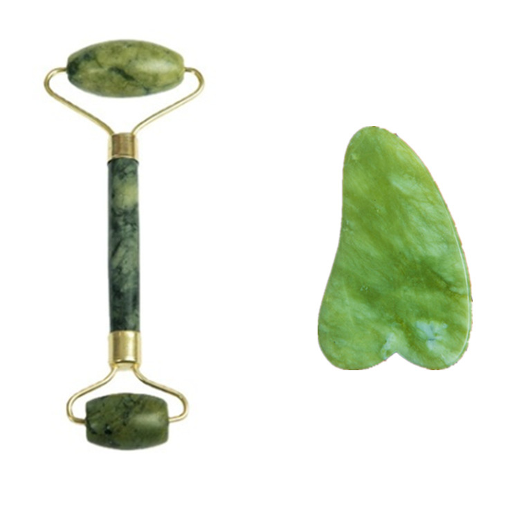 Placa de masaje de cristal de polvo en forma de corazón, masaje de rodillos de doble cabeza, masaje de lágrimas de jade, masaje facial conjunto de belleza