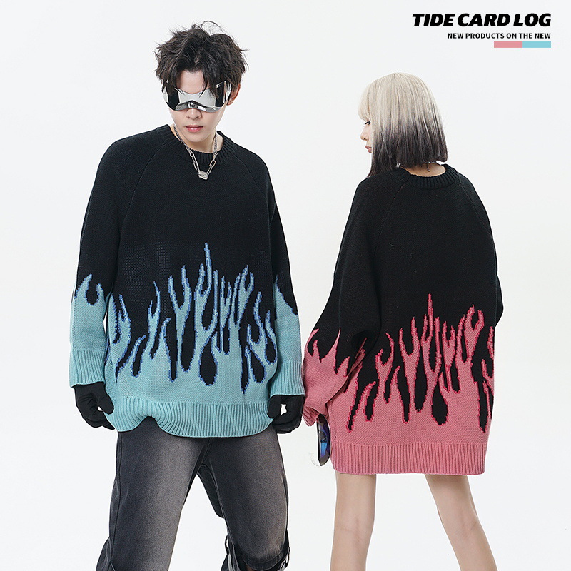 TIDE CARD LOG | Llama jacquard estilo de Hong Kong marca de moda retro suelta estilo perezoso pareja suéter de cuello redondo