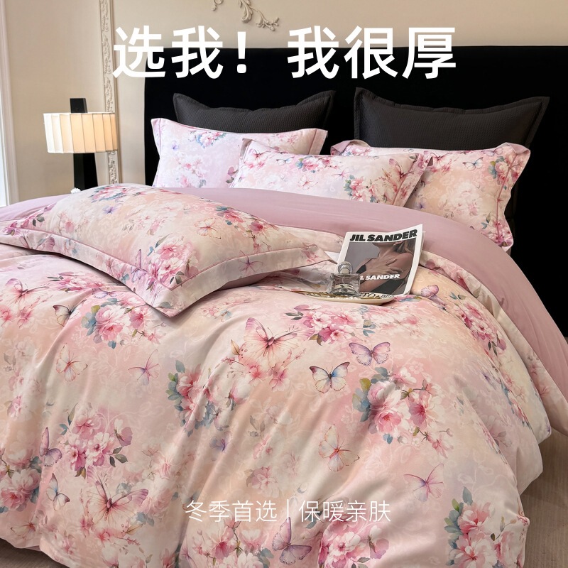 Cotton Brushed Four-Piece Set Autumn and Winter Thickeneded Floral Printed Pure Cotton 2025 New Bed Bed Sheets Quilt Cover Bedding