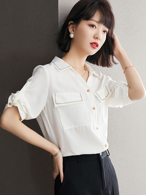 Áo sơ mi nữ tay ngắn rộng rãi chất voan trắng thiết kế mùa hè — Màu trắng