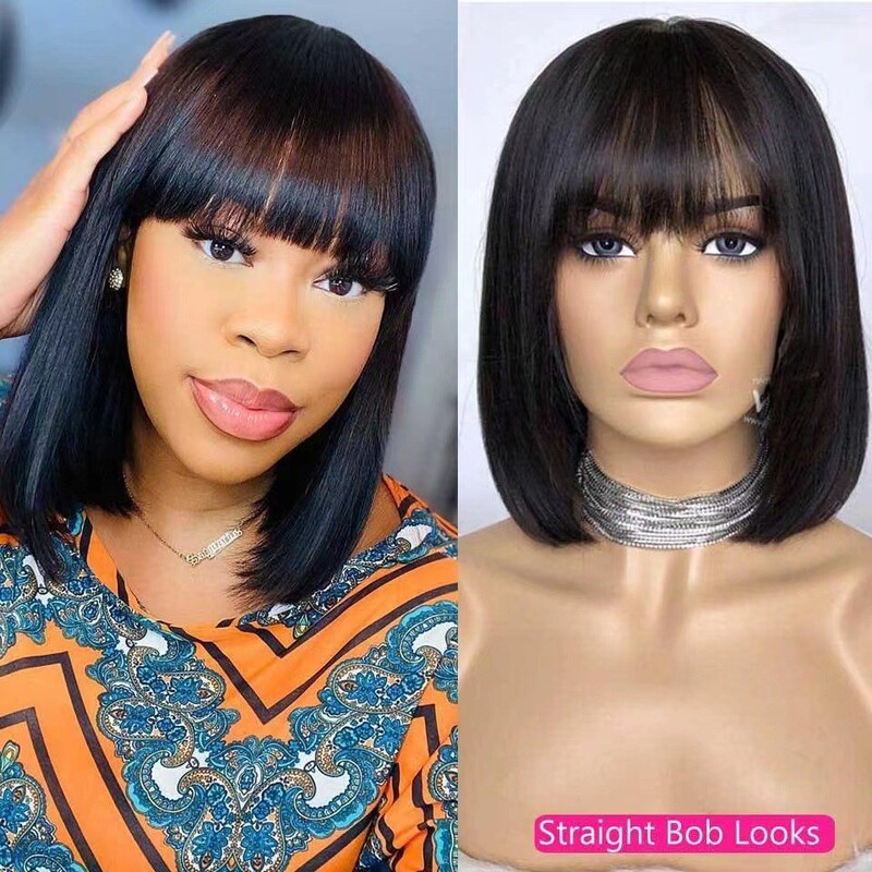 Cross-Border Hot-Selling Short Straight Wig for Women, Buttoned Net Bob Short Straight Hair with Bangs, Fashionable and Breathable, in Stock from the Manufacturer