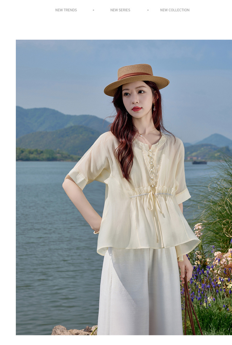 Bộ đồ mùa hè nữ Tencel cao cấp áo hai dây quần ống rộng ba món SY2697 — Bộ màu như hình chi tiết 16