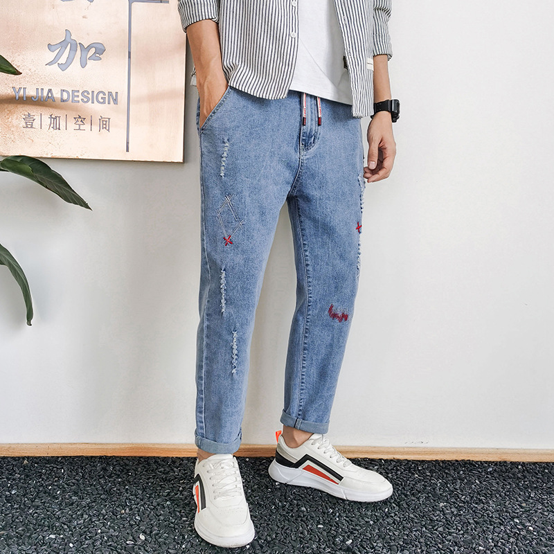 跨境牛仔褲男寬松直筒潮牌褲子男韓版潮流春夏季彈力黑色9 九分褲