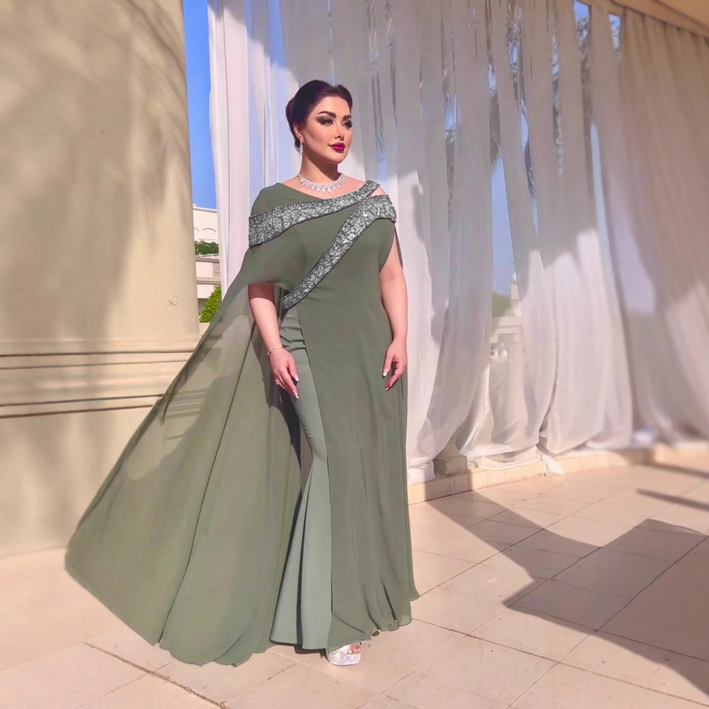 2024 autumn and winter new cross-border foreign trade women's independent station ebay sexy chiffon bead stitching ball evening dress