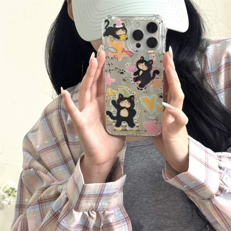 个性涂鸦英文睡帽黑猫咪适用iPhone16苹果15ProMax手机壳14新款女|undefined