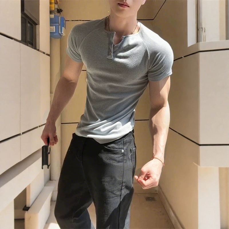 Floral Gray Slim-Fit Waist-Cinching Henley Shirt Short-Sleeve Men's Summer American-Style Heavy-Duty Muscle-Enhancing T-Shirt Gym Base Layer Shirt Floral Gray Slim-Fit Waist-Cinching Henley Shirt Short-Sleeve Men's Summer American-Style Heavy-Duty Muscle-Enhancing T-Shirt Gym Base Layer Shirt