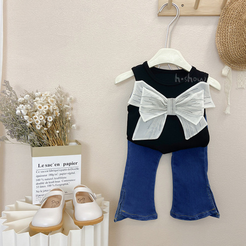 Korean style children's clothing summer new style girls fashion big bow knitted foreign style versatile sweet vest top 0082