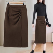 2025年新款秋冬半身裙垂坠感开叉中长款高腰显瘦毛呢直筒包臀裙子