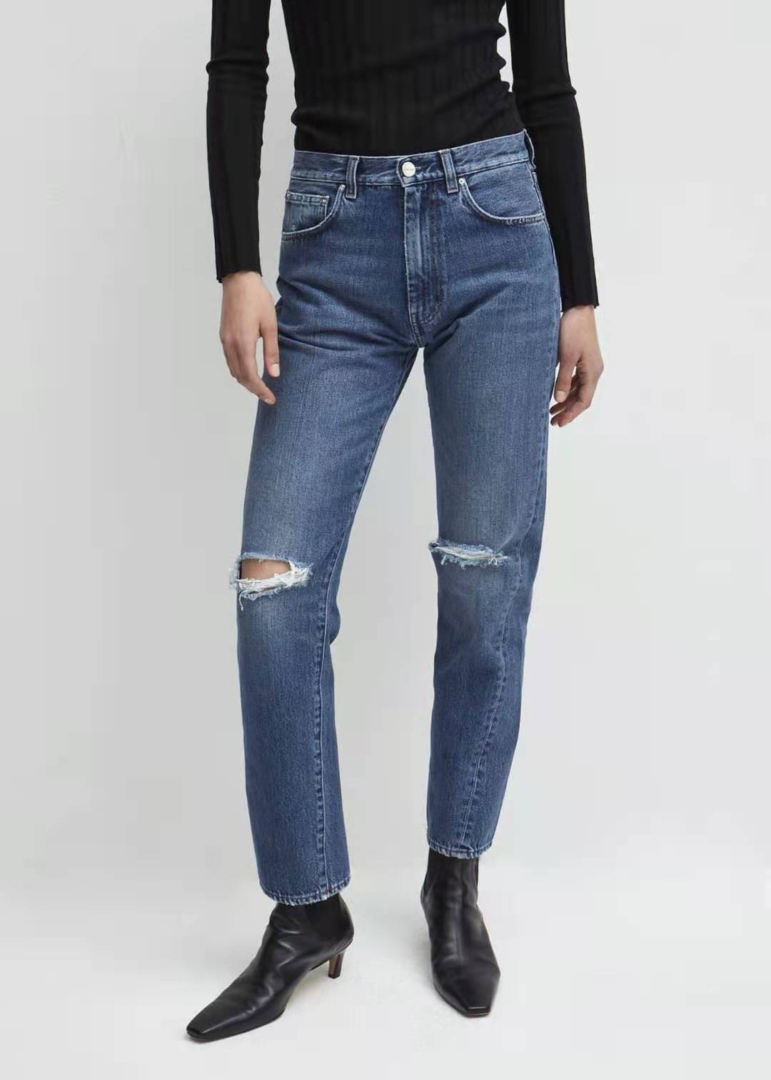 北欧TOT简约显瘦不对称纽缝牛仔裤2021款高品质