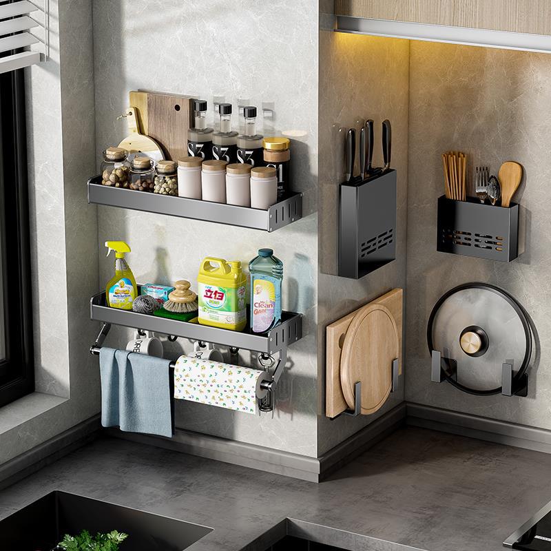 Kitchen wall-mounted hook rack, no-drilling household seasoning utensil storage, all-in-one knife holder, multi-functional organizer shelf