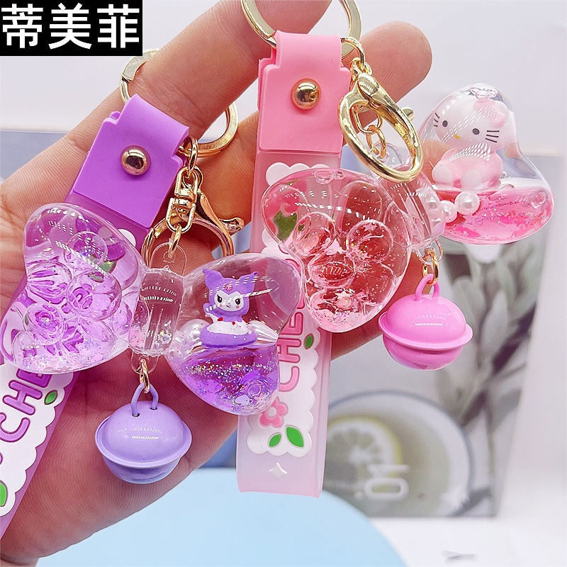 New Oil Floating Cartoon Wind Chime Quicksand Bow Keychain Personalized Trendyy Bag Pendant Car Pendant