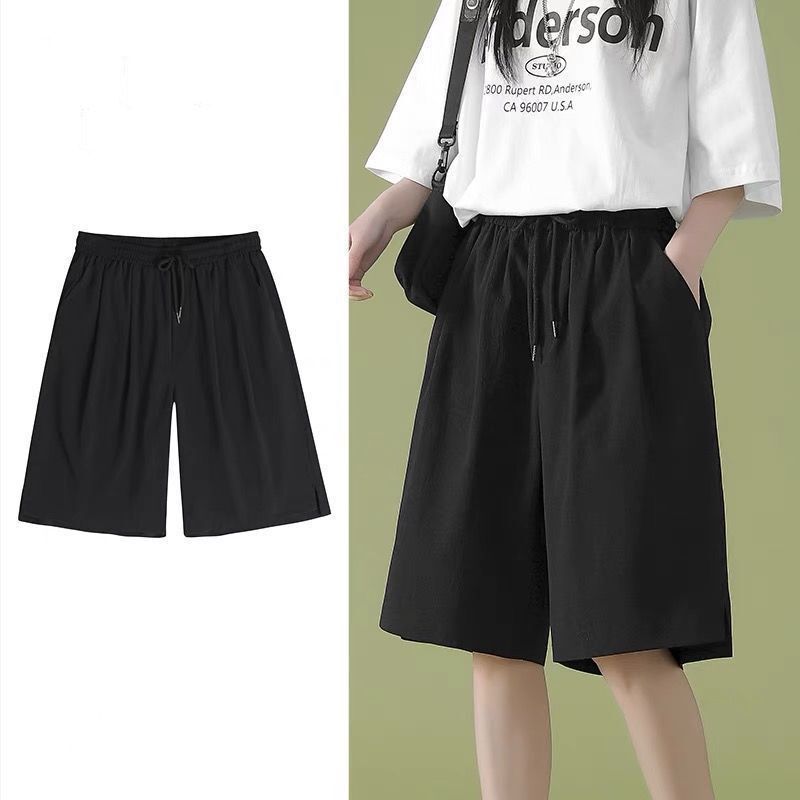 Ice Silk Five-point Pants Women's Summer chubby girl plus size Slimming Black Wide-leg Pants Instagram Style Trendy Loose Casual Shorts Women