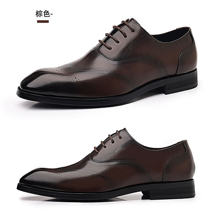 Giày da nam công sở da bò lớp đầu mũi nhọn Brogue buộc dây đế gỗ — Màu nâu, màu đen chi tiết 26