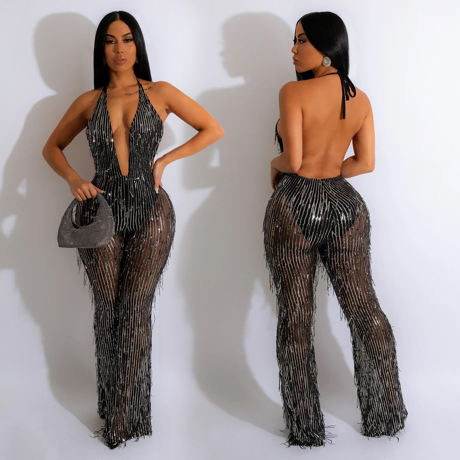 C6086 AliExpress Amazon moda europea y americana de lentejuelas borla malla transparente pantalones sin mangas mono