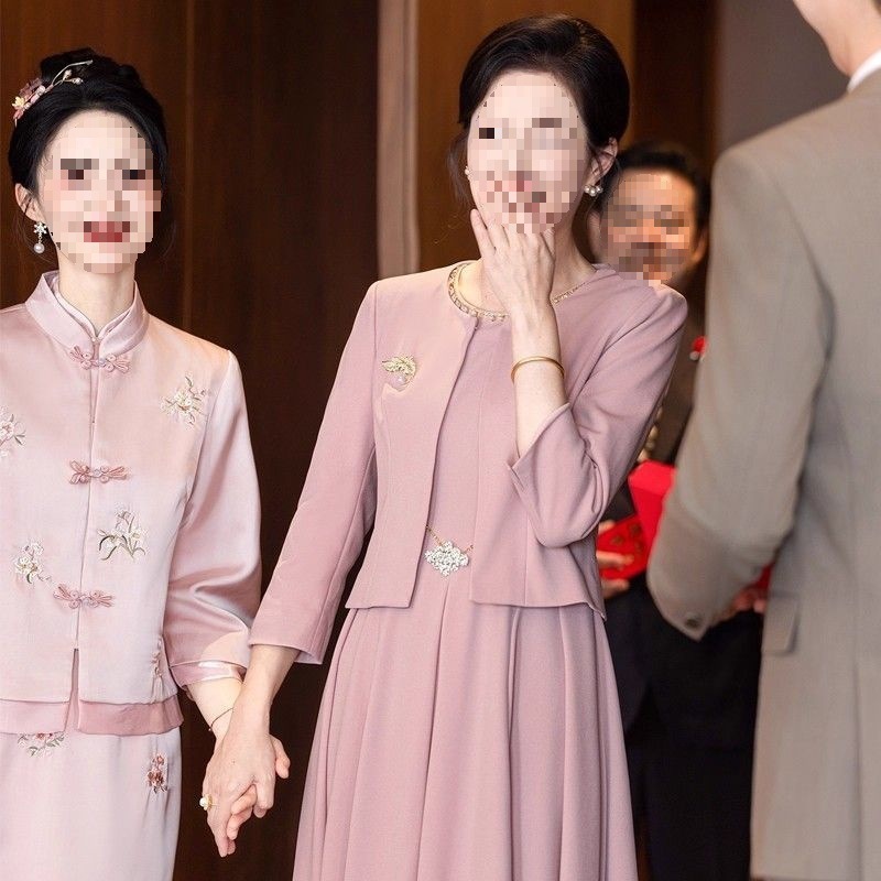 酒红色新款气质连衣裙秋冬季婚宴2025结婚喜婆婆两件套礼服妈妈装|undefined