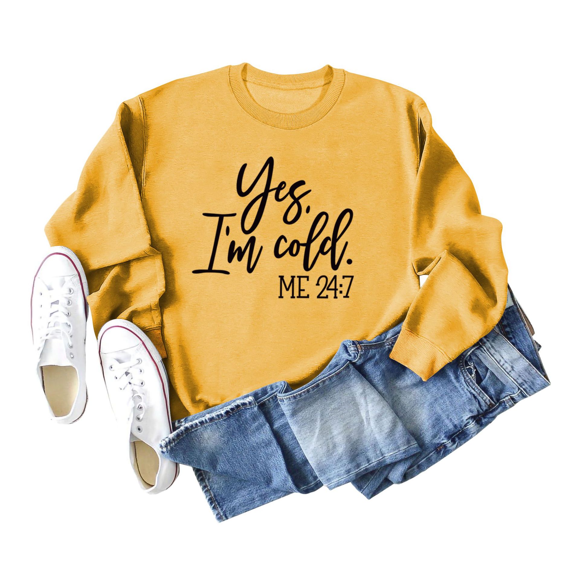 Suéter de punto con estampado de letras casuales sueltos de Amazon Yes 'I'm Cold nueva ropa de mujer de comercio exterior con cuello redondo