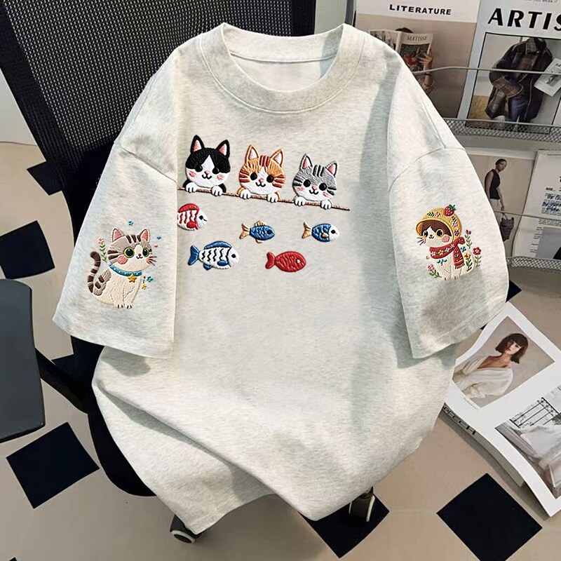 Cute Cat Print Pure Cotton Short-Sleeved T-Shirt for Women 2026 New Summer Loose and Versatile Top
