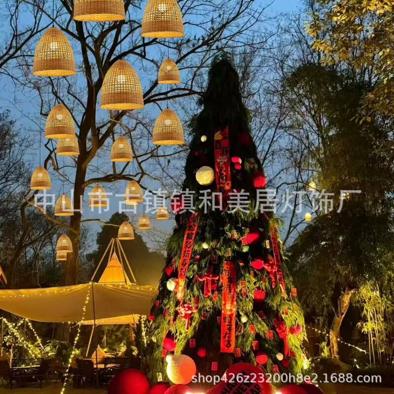 Handmade Bamboo Basket Lantern Chandelier Chinese-Style Scenic Area Decorative Lamp Jiangnan Courtyard Cultural Tourism Camping Outdoor Waterproof Hanging Tree Lamp