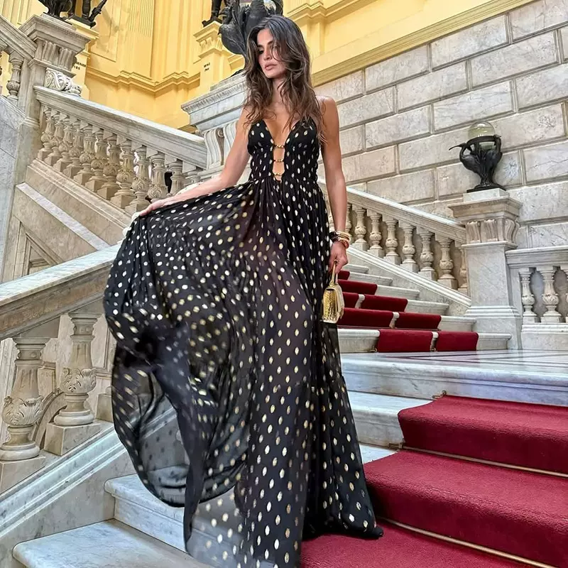 XY25192欧美风波点v领度假吊带连衣裙2025夏季新款镂空性感晚礼服