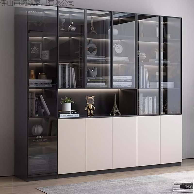 Home Living Room Storage Cabinet Light Luxury Solid Wood Bookcase Glass Door Combination Display Cabinet Integrated Whole Wall Dustproof Storage Cabinet