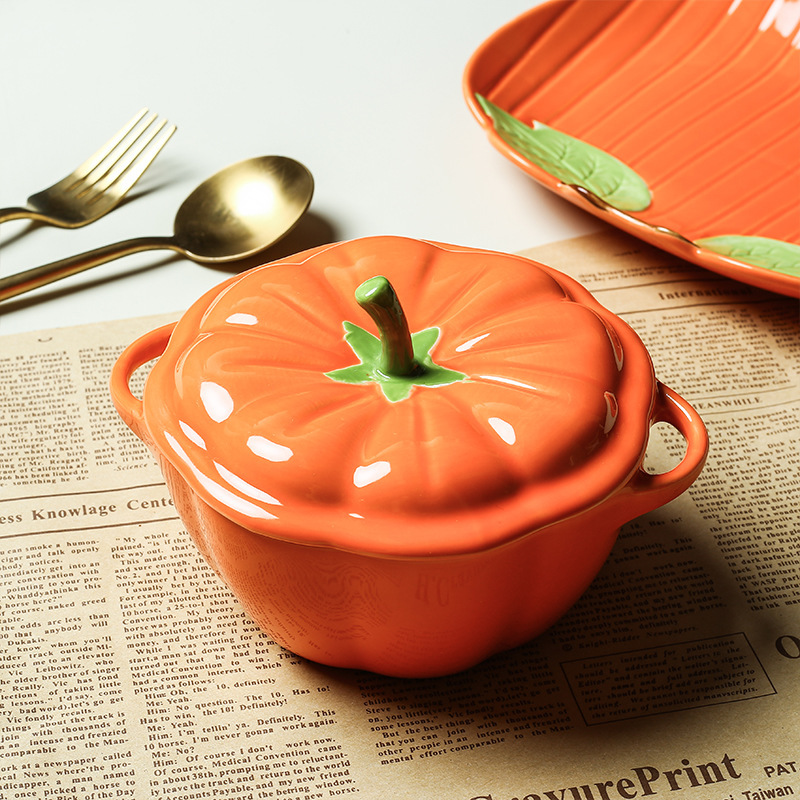 Cute Pumpkin Style Steamed Egg Bowl Household Ceramic Binaural Soup Bowl Rice Bowl Children's Supplementary Food Bowl with Lid Stew Bowl