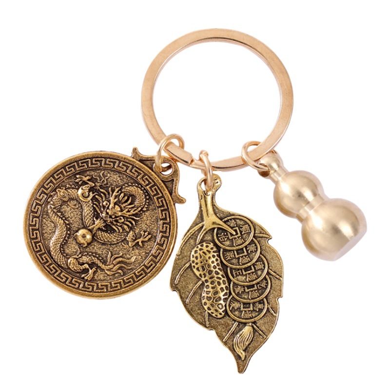Factory wholesale pure brass Fulu Yiye Shengcai 12 Zodiac Key chain solid copper gourd key pendant