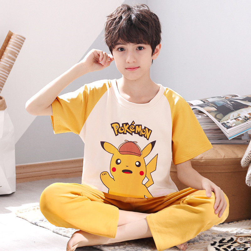 어린 이용 잠옷 소년의 여름 반팔 바지 봄과 가을에 중엽과 큰 소년을위한 순면 얇은 투피스 세트