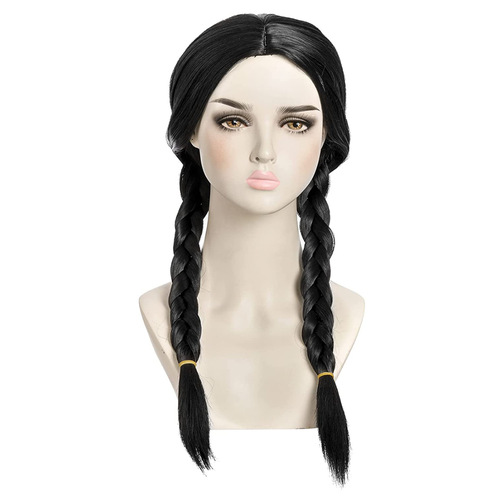 Tuesday Addams mother Addams black twin buns ponytail center part long straight hair Halloween cosplay wig