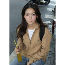 百搭美式复古翻领半拉链麻花毛衣女秋冬季新款软糯慵懒风针织上衣