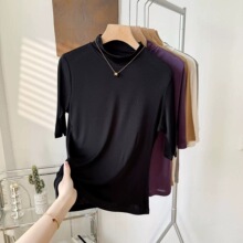 基础款 真丝女T恤纯色大码半高圆领桑蚕丝上衣中袖打底衫