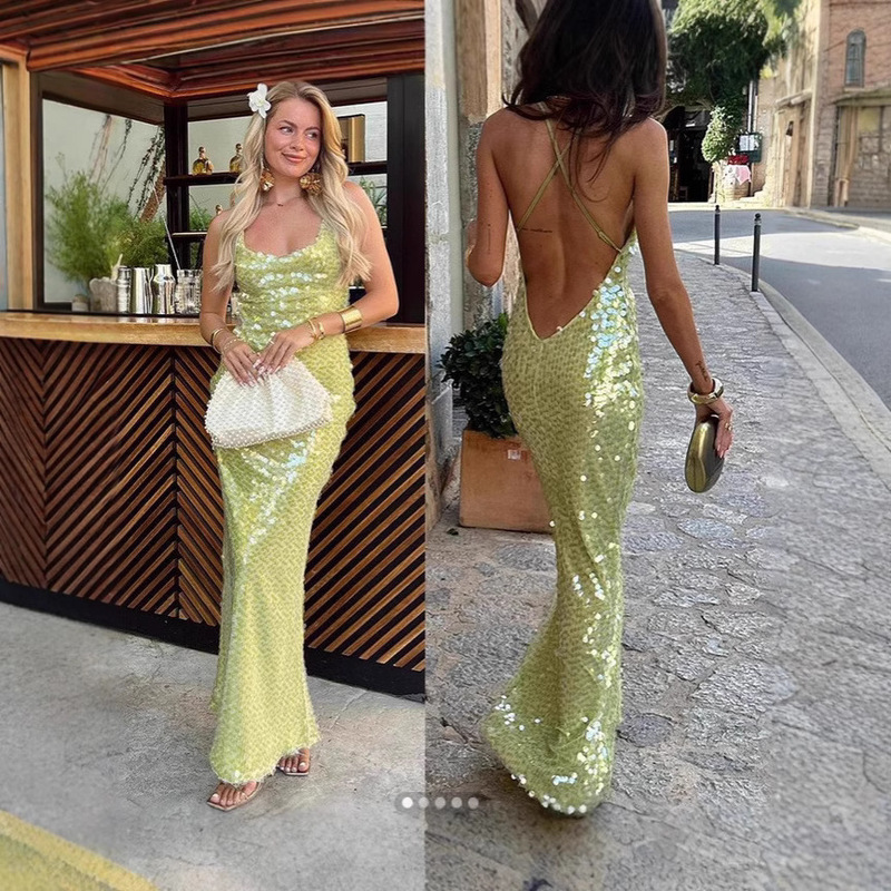 Backless Sequin 2025 European and American Cross-Border Amazon Spaghetti Strap Sexy Women's New Slim-Fit Long Dress Backless Sequin 2025 European and American Cross-Border Amazon Spaghetti Strap Sexy Women's New Slim-Fit Long Dress