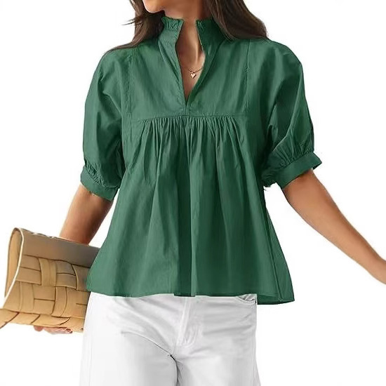 Cross-Border European and American 2025 Spring New Women's Elegant Solid Color Five-Quarter Sleeve Pleated Shirt in Five Colors and Five Sizes