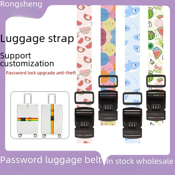 Cross-border buckle password lock luggage strap polyester cartoon pattern one-word luggage strap suitcase packing strap rope