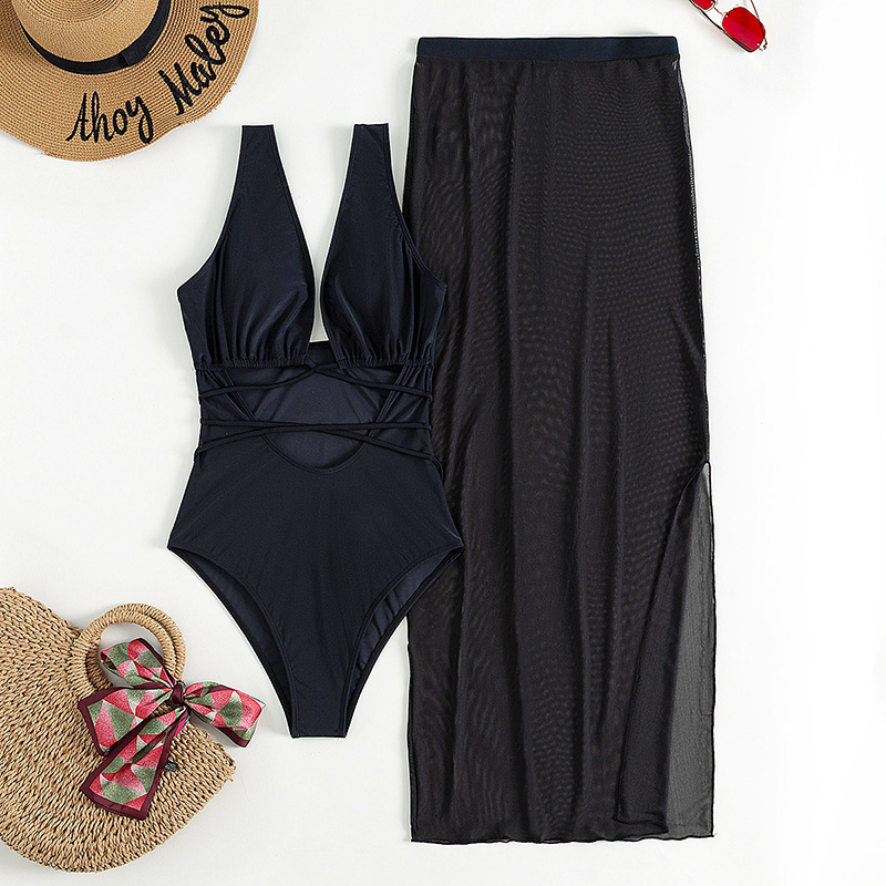 sexy black backless one-piece swimsuit and perspective mesh skirt two-piece  NSOLY122152