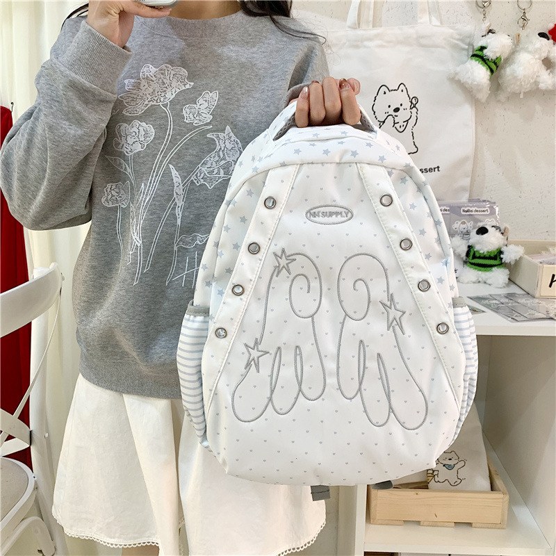 Cute Backpack for Female Students, Korean Style, Niche Polka Dot and Star Embroidery, Lightweight Travel Backpack, Trendy and Unique