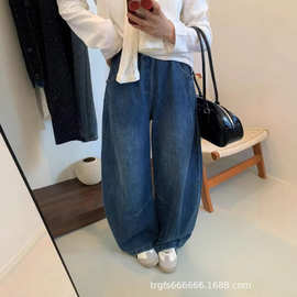 2026春秋新款复古宽松弯刀牛仔裤女松紧高腰显瘦阔腿裤子