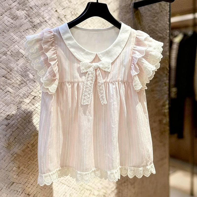 Extra Large Size 150kg French Sweet Style Lace Bow Shirt Striped Youthful Versatile Loose Top for Girls Extra Large Size 150kg French Sweet Style Lace Bow Shirt Striped Youthful Versatile Loose Top for Girls