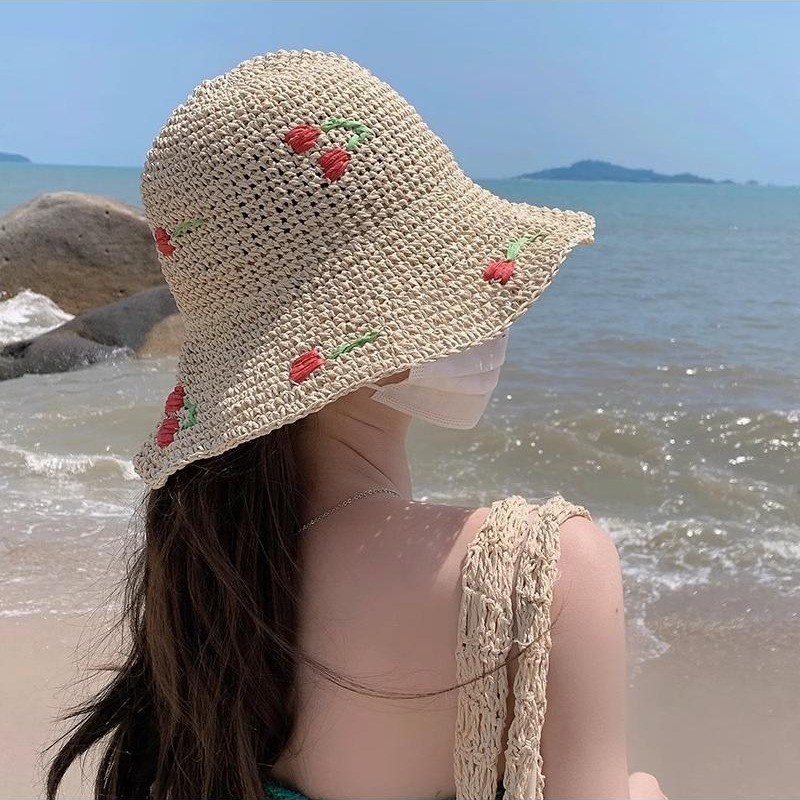 Japanese cute lace woven summer beach sun hat handmade solar-powered