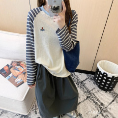 016 秋季2025新款慵懒风插肩条纹长袖上衣刺绣小标打底衫女士T恤