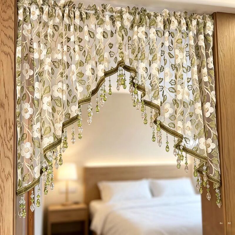 Heavy-duty beaded gauze curtain, no-hole installation, lace embroidery, creating an atmospheric ambiance, half-arch curtain with beaded accents, bedroom privacy curtain Heavy-duty beaded gauze curtain, no-hole installation, lace embroidery, creating an atmospheric ambiance, half-arch curtain with beaded accents, bedroom privacy curtain