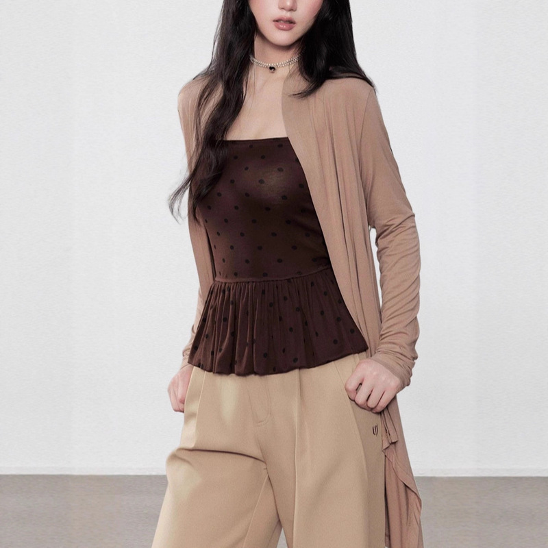 Yuzi Retro Brown Polka Dot Tube Top Summer New Waist Slimming Look Off-Shoulder Sleeveless Short Top