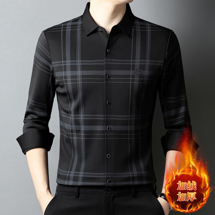 Autumn and Winter New fleece-lined Seamless Plaid Long-sleeved Shirt Men's Non-ironing Business Casual High-grade Base Shirt Shirt