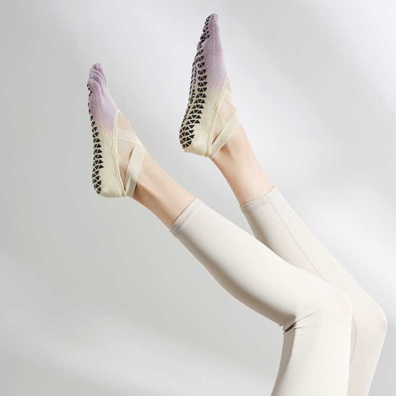 Calcetines de Pilates con cinco dedos y tiras, calcetines de yoga para mujer, calcetines deportivos profesionales antideslizantes, de algodón puro con dedos separados, exportación a Japón y Corea.