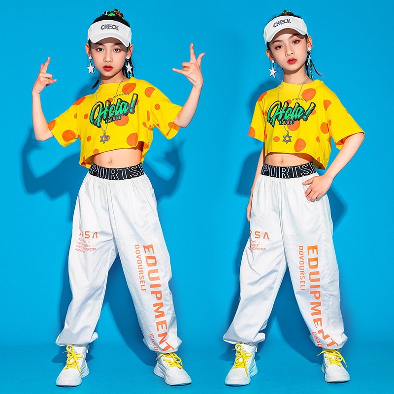 Girls yellow polka dot hiphop singer rapper jazz dance costumes pupil cheerleading dance hip-hop clothing children suit girl shows costumes