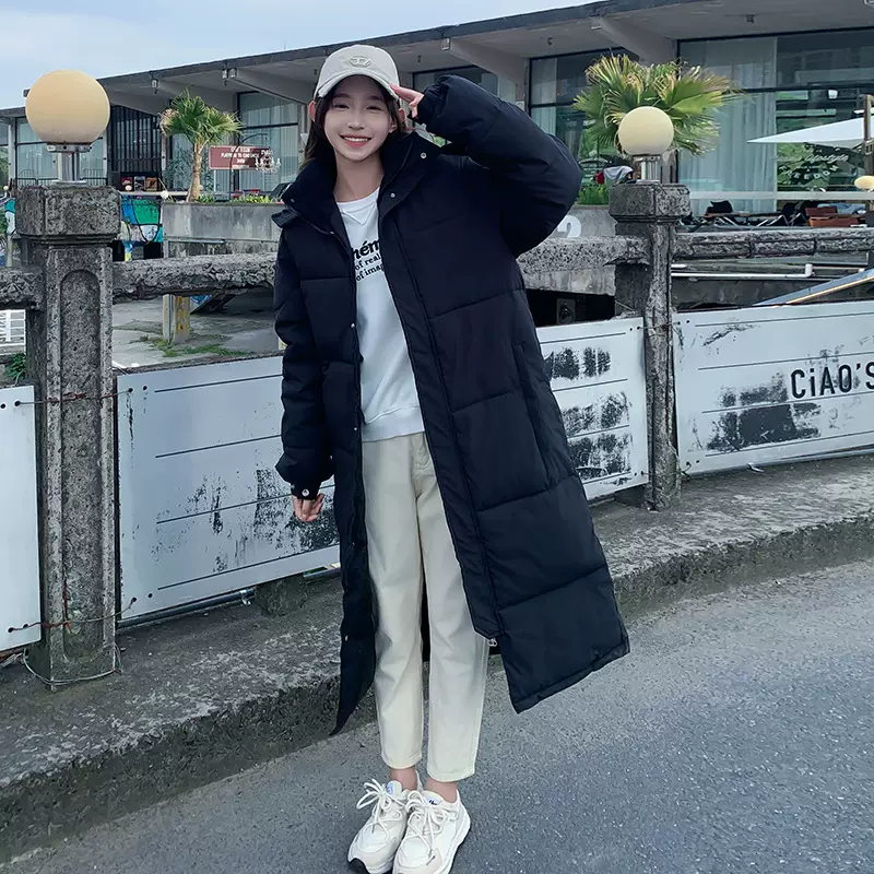 情侣棉服男女同款学院风连帽过膝加厚冬季新款宽松棉袄外套女棉衣