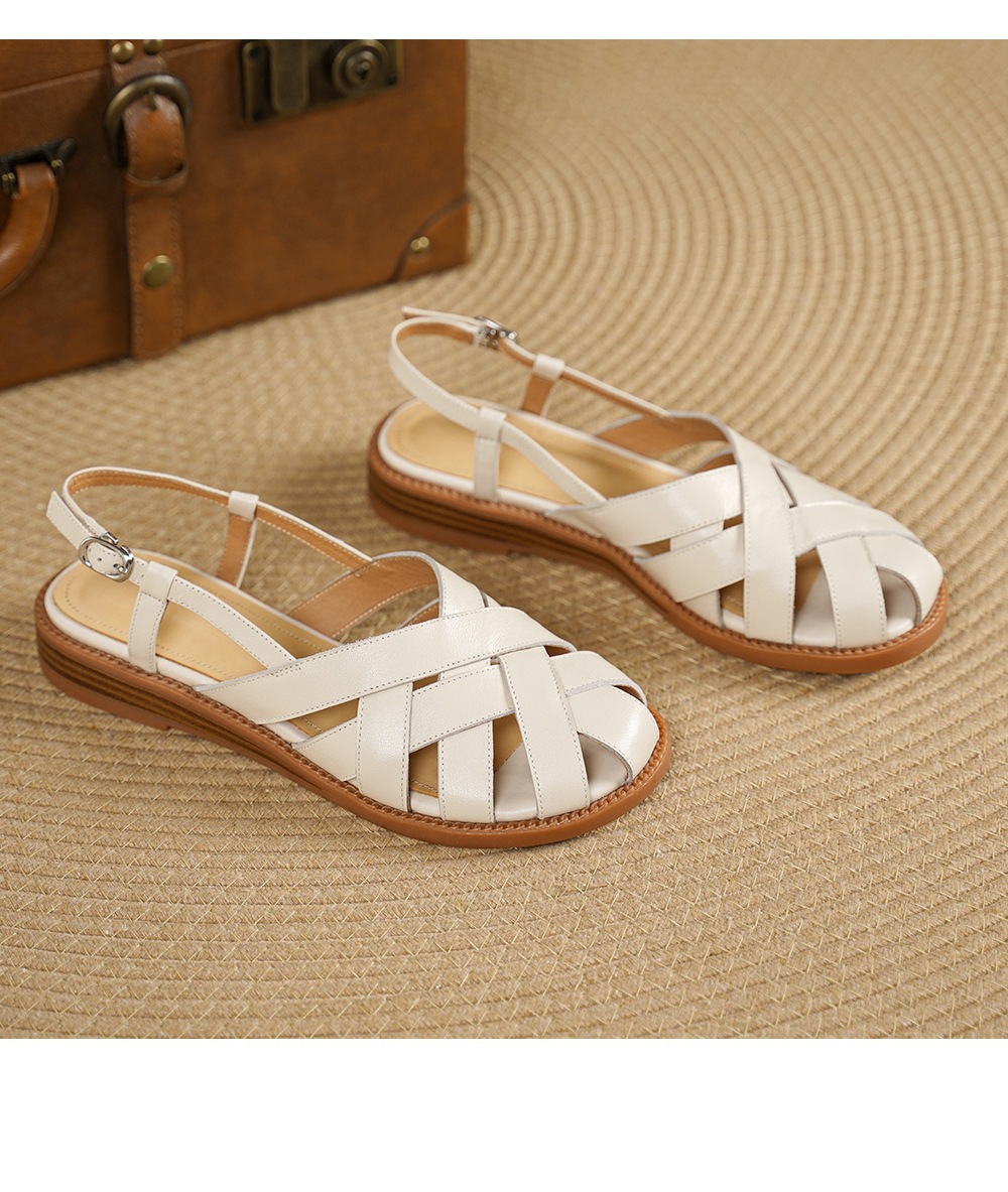 Dép sandal nữ mũi nhọn da bò quai chữ v gót thấp — màu be chi tiết 14