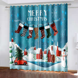 马逊跨境卧室高精密夹黑丝遮光打孔窗帘 装饰布帘圣诞节系列厂家