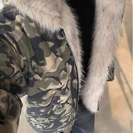 水洗迷彩毛领连帽棉服男冬季新款加厚保暖宽松底特律工装棉衣外套