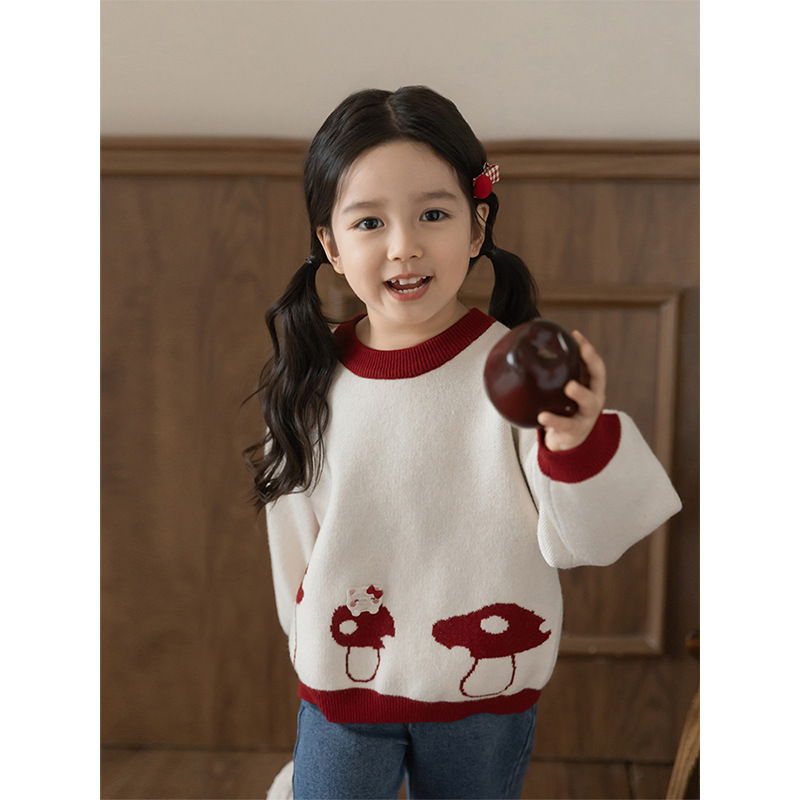 Qiu Duo Meng Girls Cute Mushroom Sweater Children's Fashion Loose Round Neck Sweater 2025 Autumn New Sweater